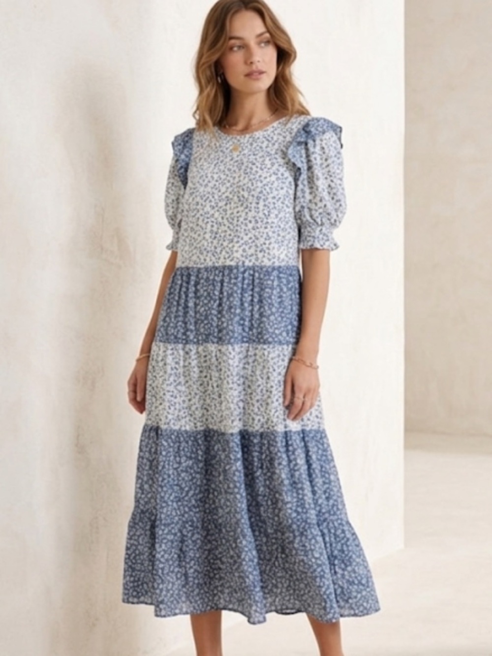 Endless Rose Blue patchwork Floral Tiered Midi Dress medium
